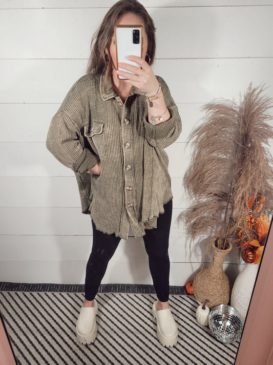 *NEW* Easy Going Waffle Shacket - Olive