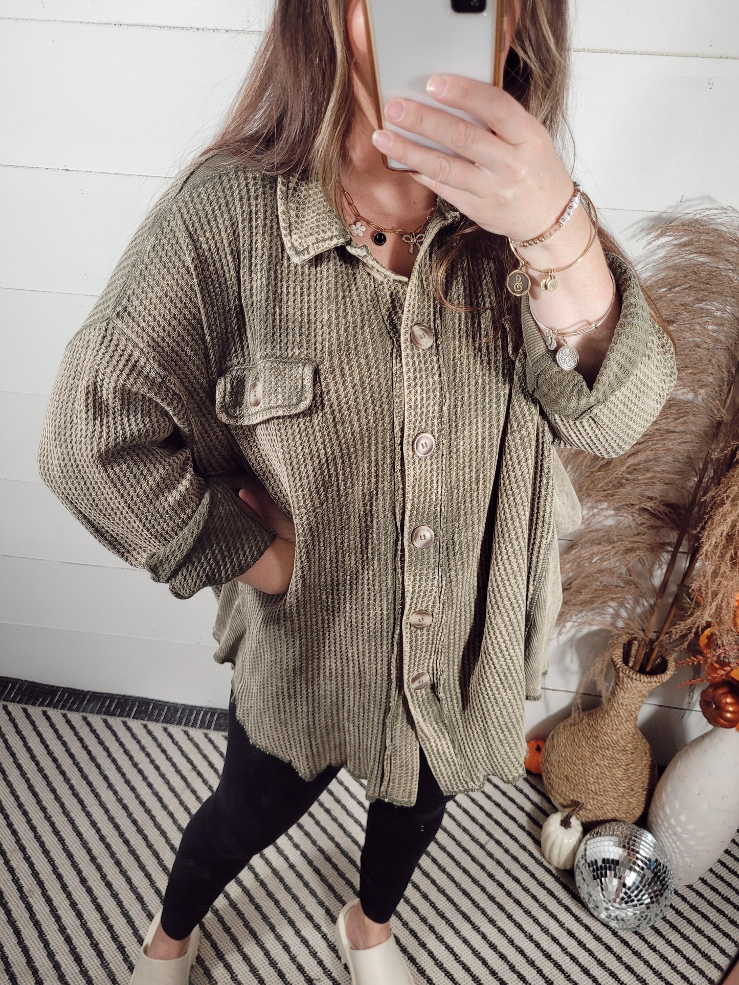 *NEW* Easy Going Waffle Shacket - Olive