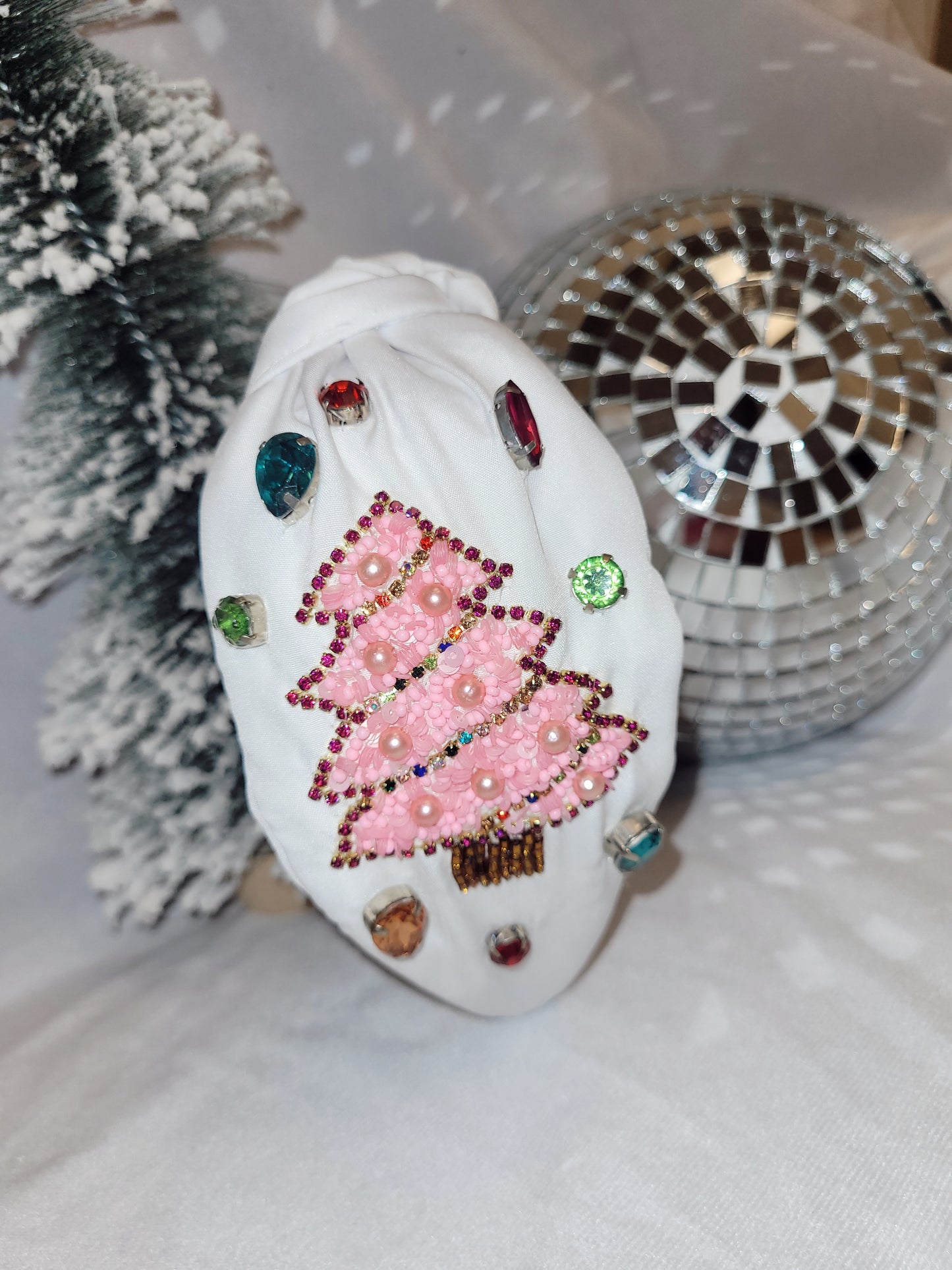*NEW* Jeweled Christmas Tree Topknot Handmade Headband - White