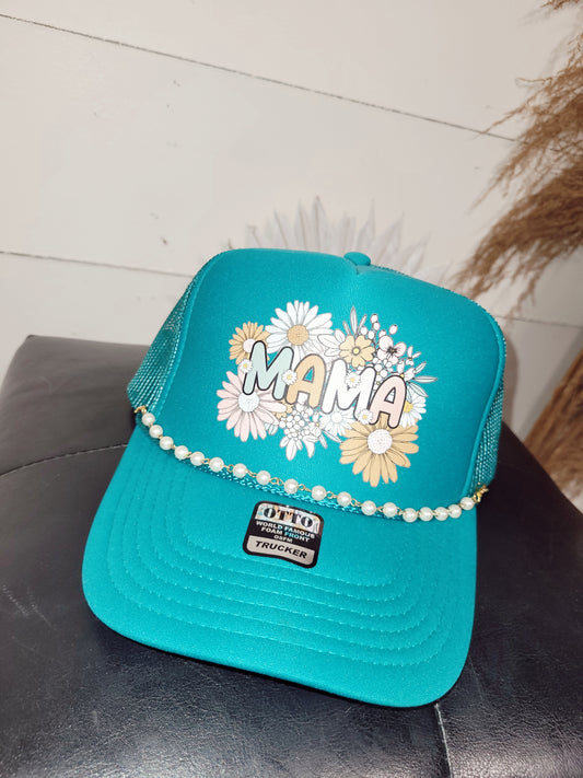 *NEW* Floral Mama Trucker Hat W/ Pearl Chain